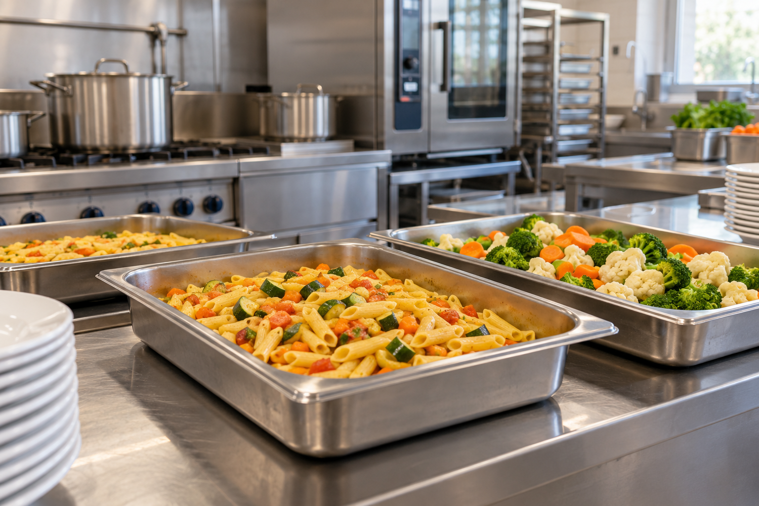 Immagine generata: preparazioni di pasta e verdure in una cucina tipo mensa