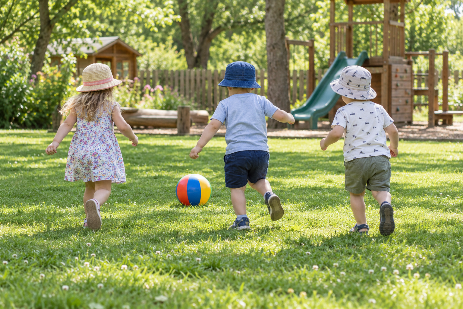 Immagine generata: bambini di spalle giocano a palla in un giardino estivo