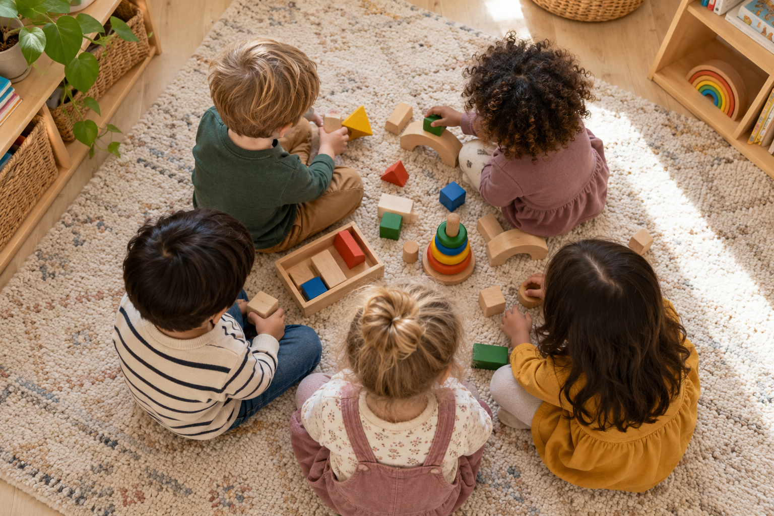 Immagine generata: bambini seduti in cerchio con giochi, senza volti visibili