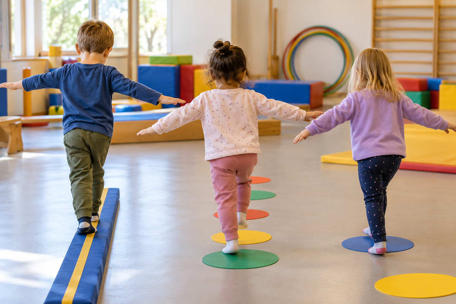 Immagine generata: bambini ripresi di spalle durante semplici esercizi di equilibrio