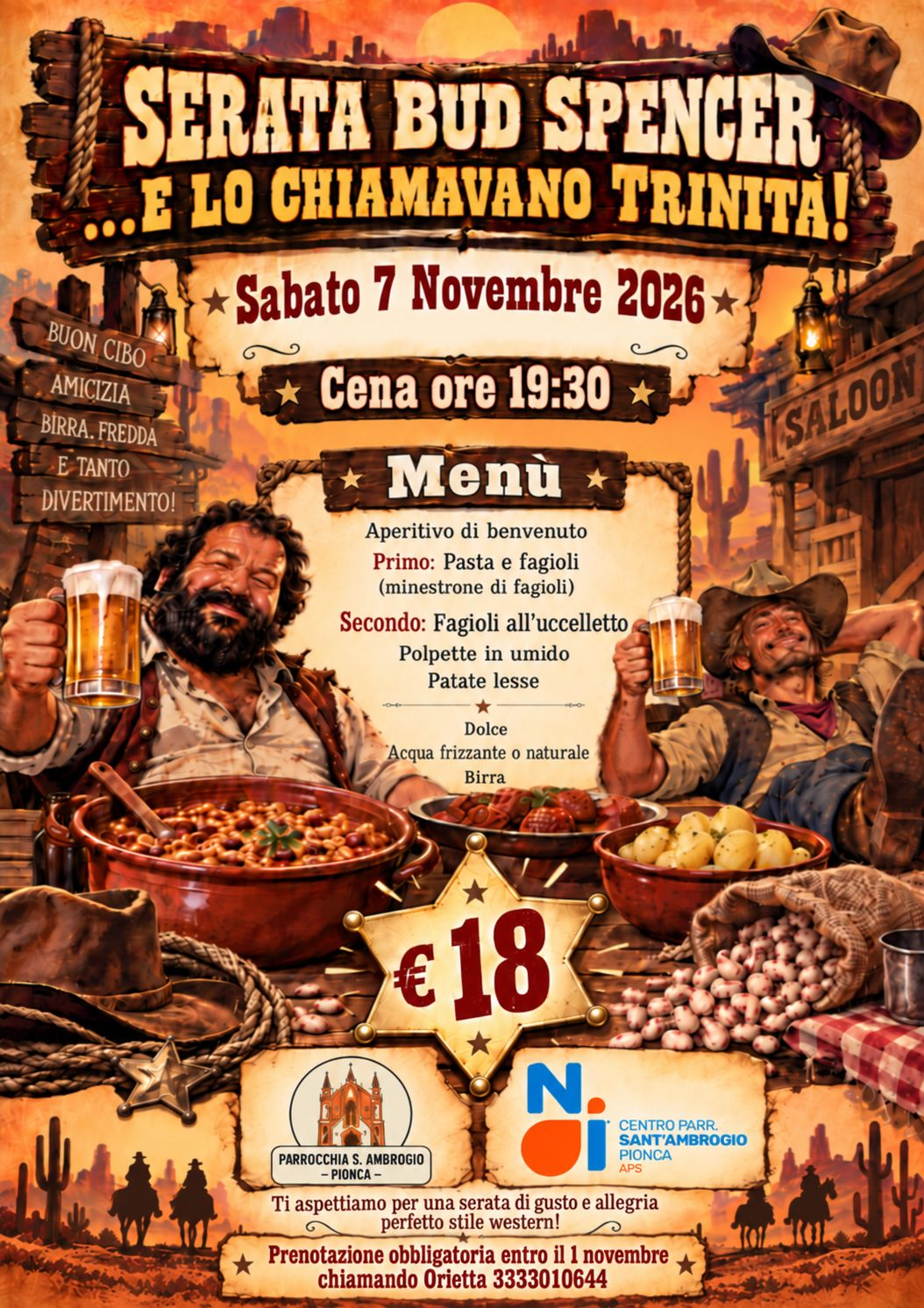 Locandina Serata Bud Spencer a Pionca, sabato 7 novembre 2026 alle 19:30. Cena a 18 euro e prenotazione entro il 1° novembre con Orietta al 333 3010644.